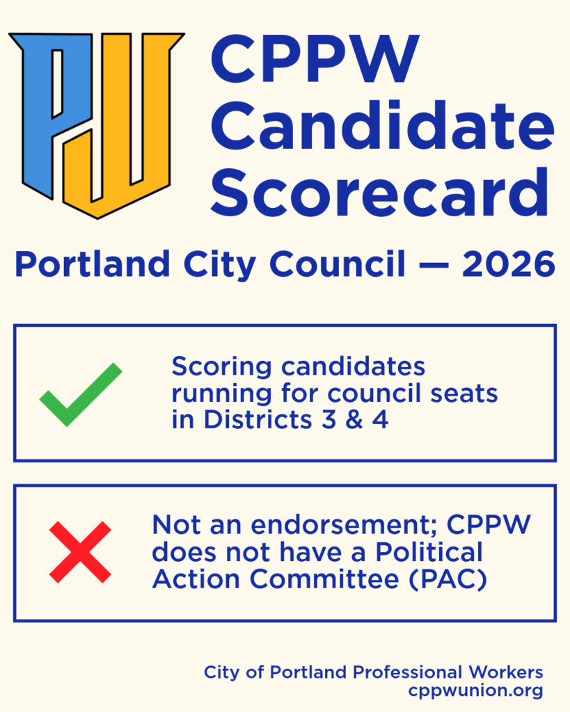 intro to scorecards, text in graphic says that this is scoring candidates running for council seats in districts 3 and 4, but is not an endorsement; CPPW does not have a Political Action Committee (PAC)