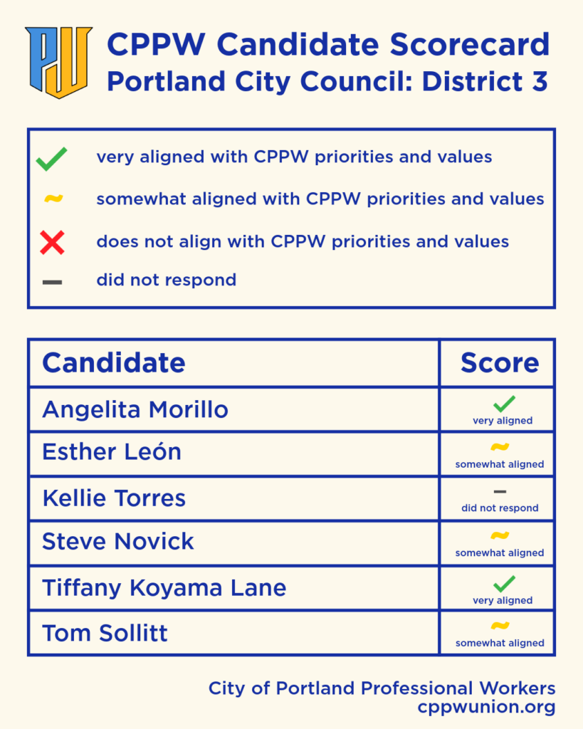 Scorecard for District 3 candidates, all text in the graphic is included below under the District 3 header